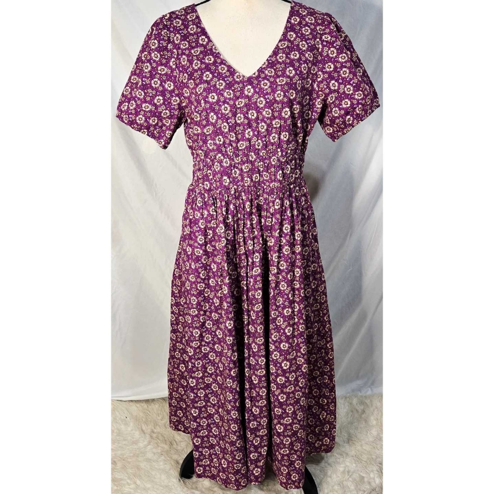 J Crew A Line Smocked Floral Midi Dress Cotton Poplin Purple V Neck Short Sleeve
